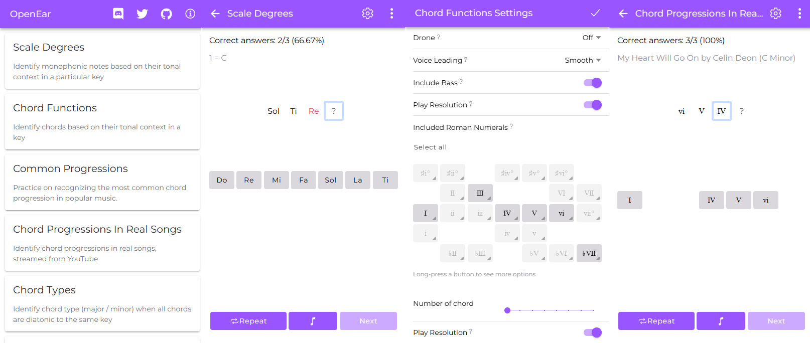 OpenEar app screenshot showing chord progressions interface